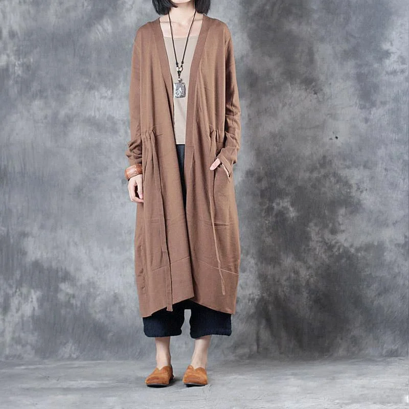 2021 new dark khaki knit winter long cardigan baggy tie waist long sleeve sweater coats