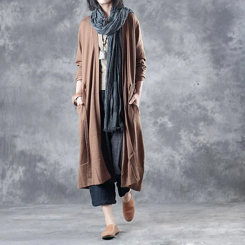 2021 new dark khaki knit winter long cardigan baggy tie waist long sleeve sweater coats