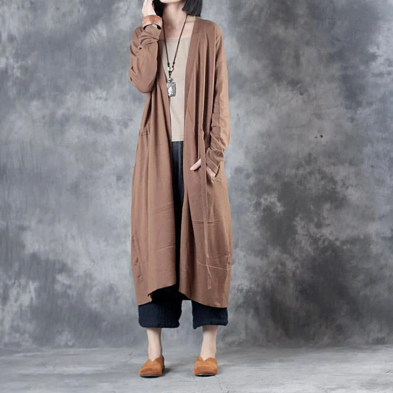 2021 new dark khaki knit winter long cardigan baggy tie waist long sleeve sweater coats