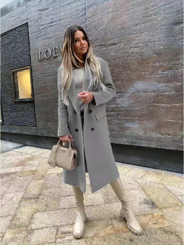 Autumn Women Long Woolen Retro Fashion Black Long Sleeve Blue Casual Winter Street Wear Loose Coat