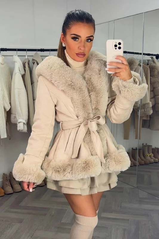 Beige Faux Fur Faux Suede Hooded Belted Coat