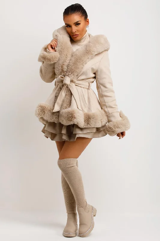 Beige Faux Fur Faux Suede Hooded Belted Coat