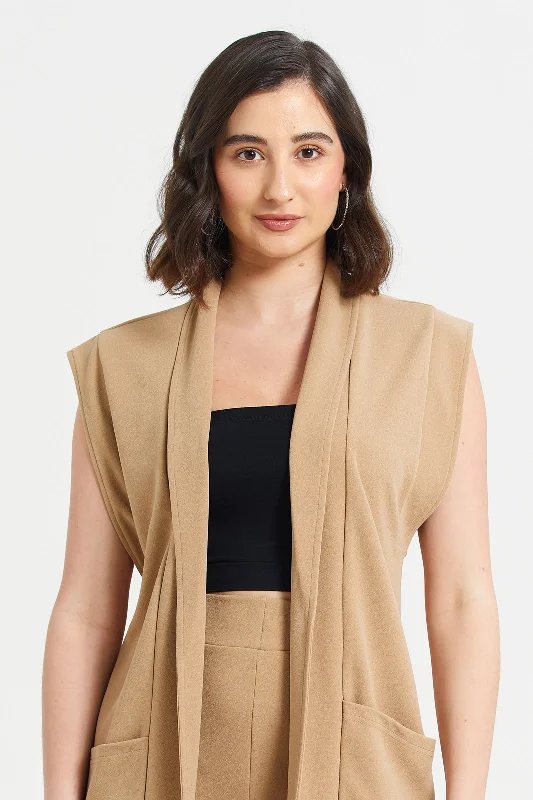 Women Beige Plain Sleeveless Jacket