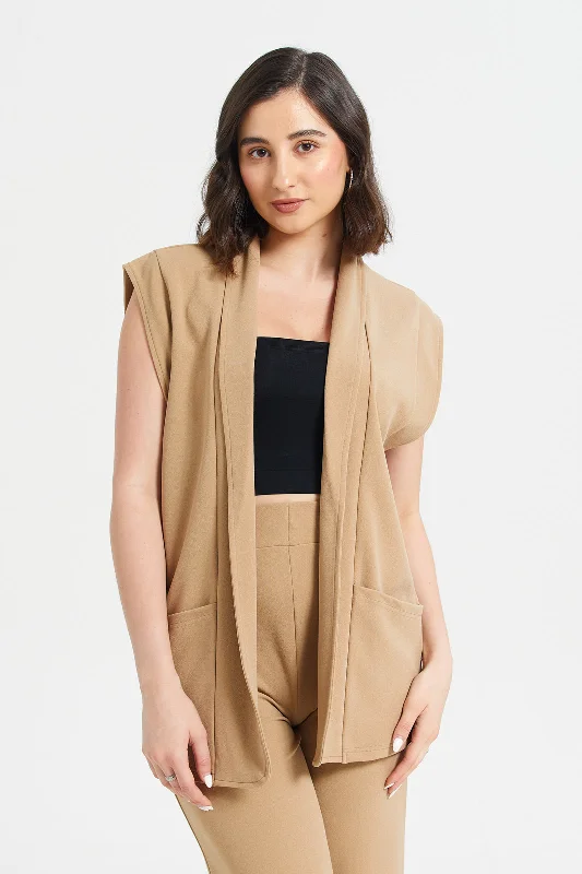 Women Beige Plain Sleeveless Jacket