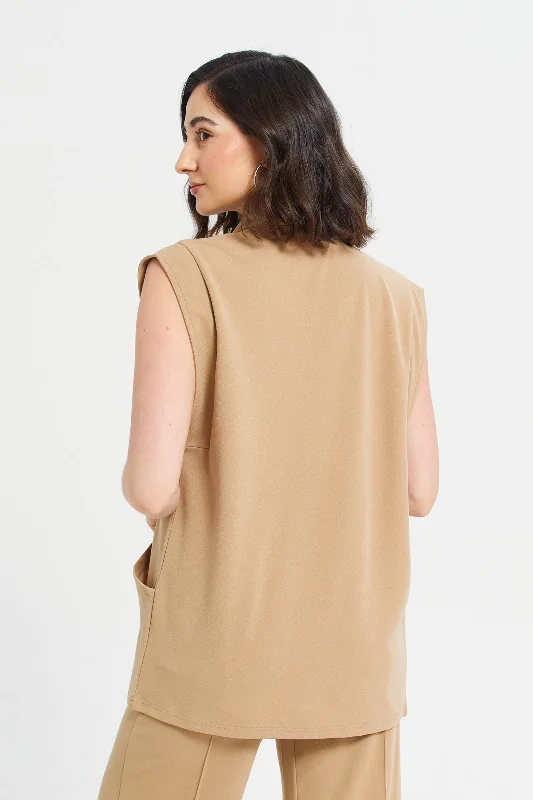 Women Beige Plain Sleeveless Jacket