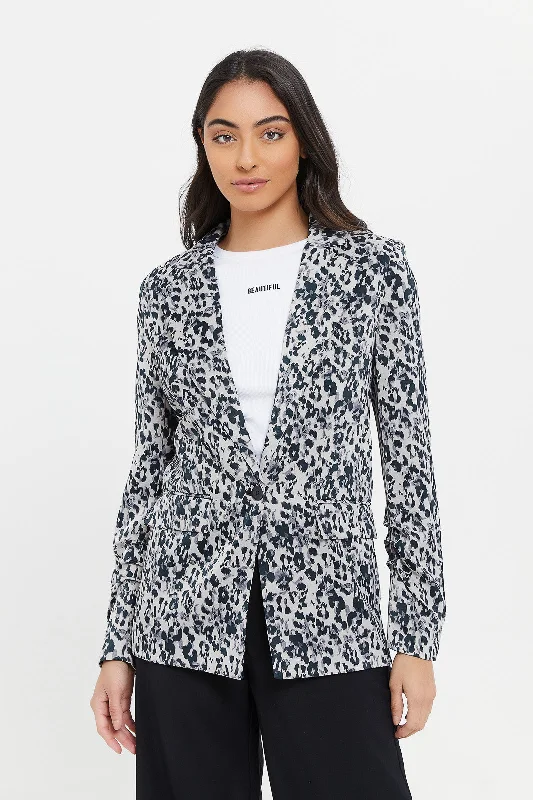 Women Black Printed Satin Jacket With Ruched Sleeve