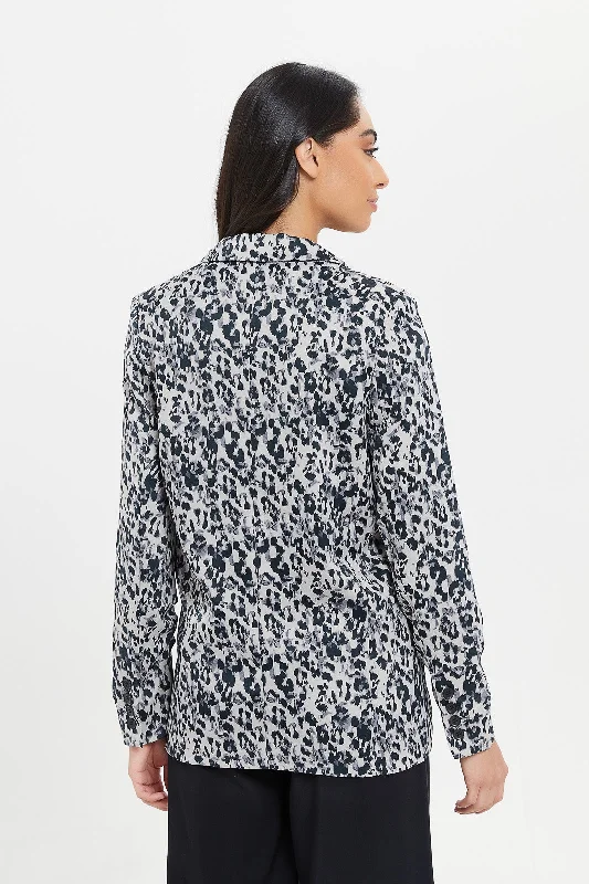 Women Black Printed Satin Jacket With Ruched Sleeve