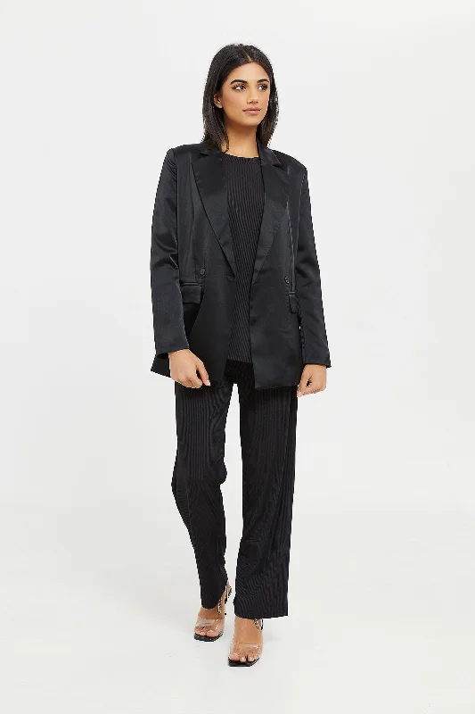 Women Black Satin Relaxed Closed Blazer