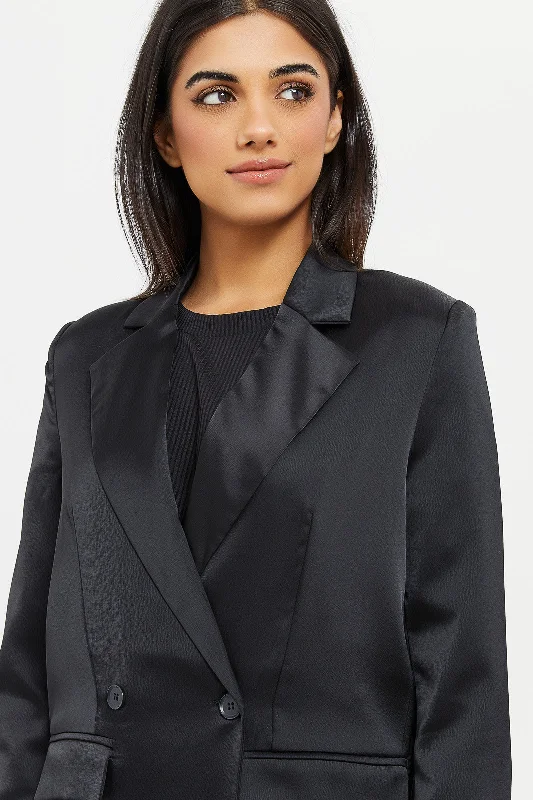 Women Black Satin Relaxed Closed Blazer