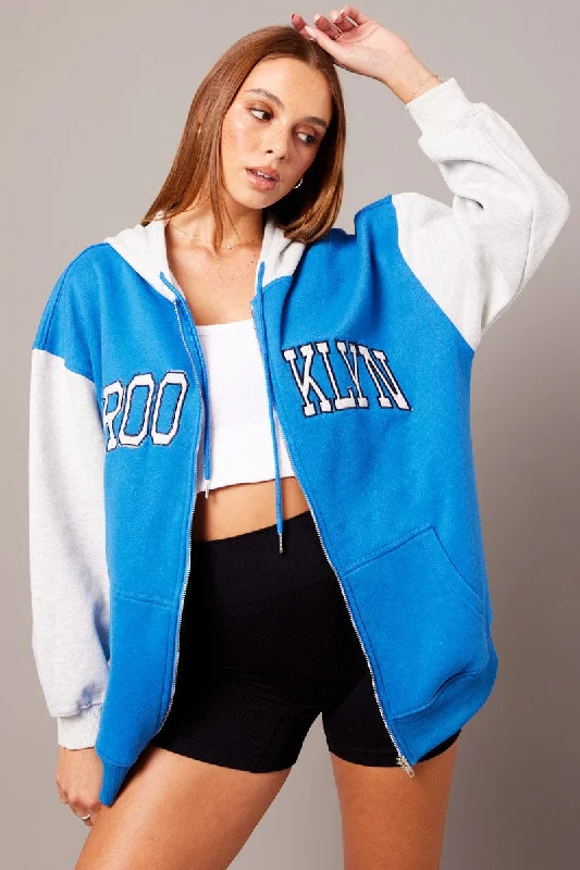 Blue Graphic Jacket Long Sleeve Hoodie