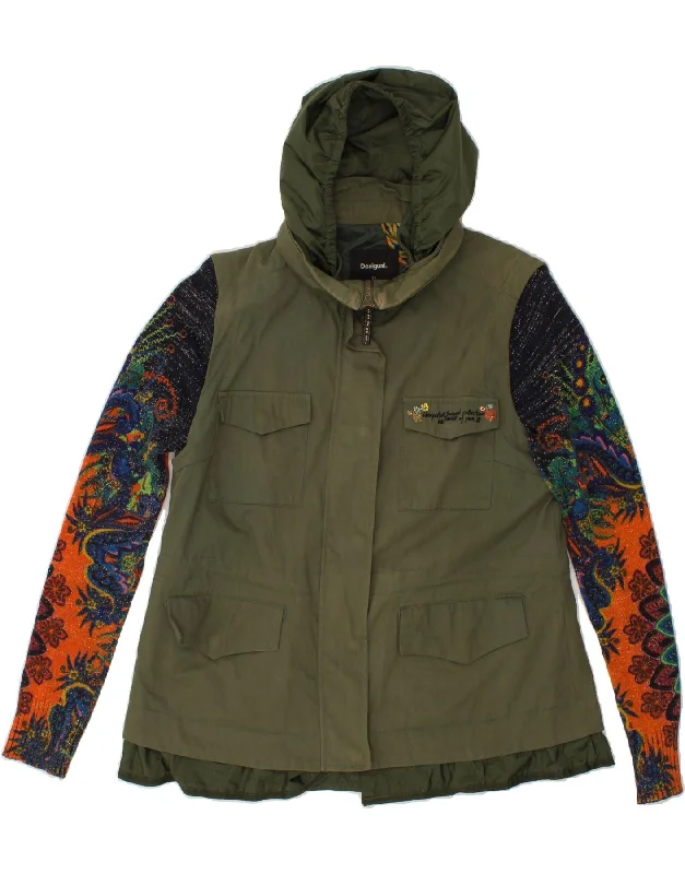 DESIGUAL Womens Graphic Hooded Utility Jacket EU 42 Large Khaki