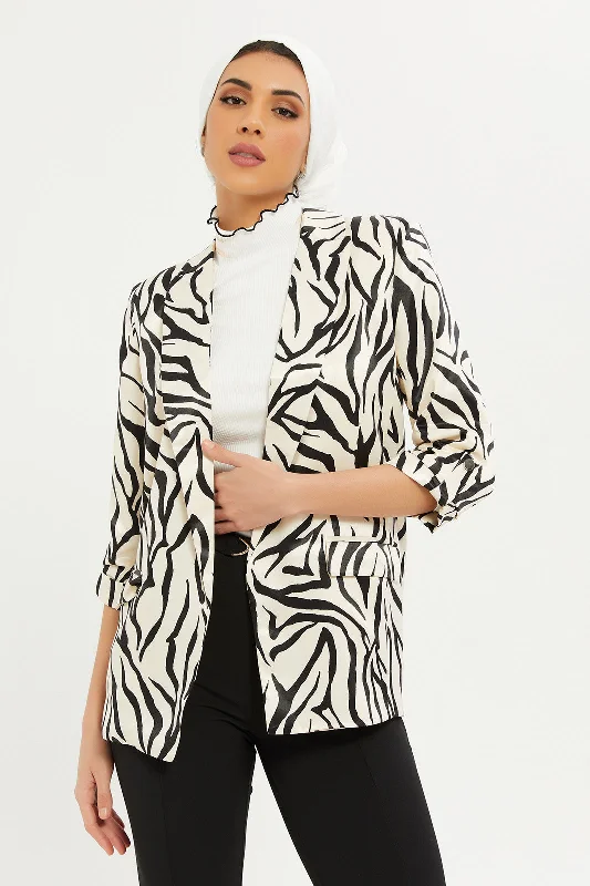 Women Ivory And Black Printed Satin Roll-Up Blazer