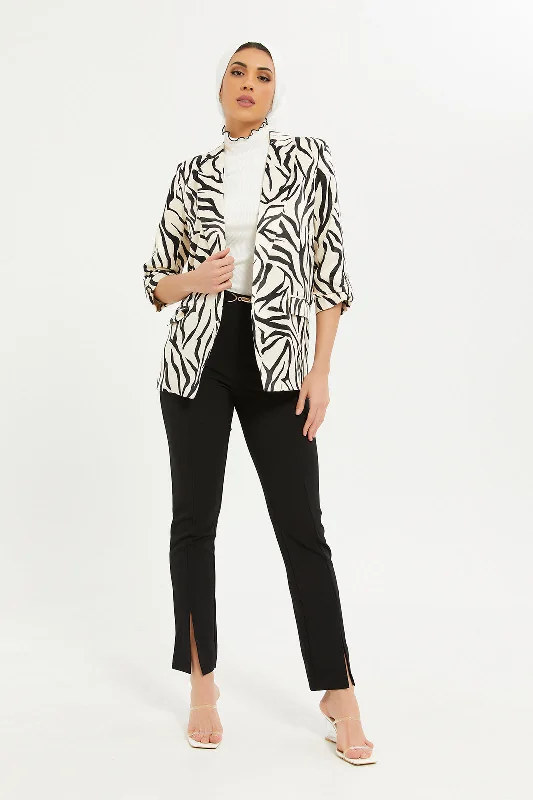 Women Ivory And Black Printed Satin Roll-Up Blazer