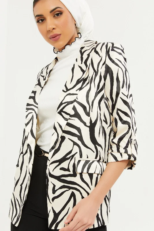 Women Ivory And Black Printed Satin Roll-Up Blazer