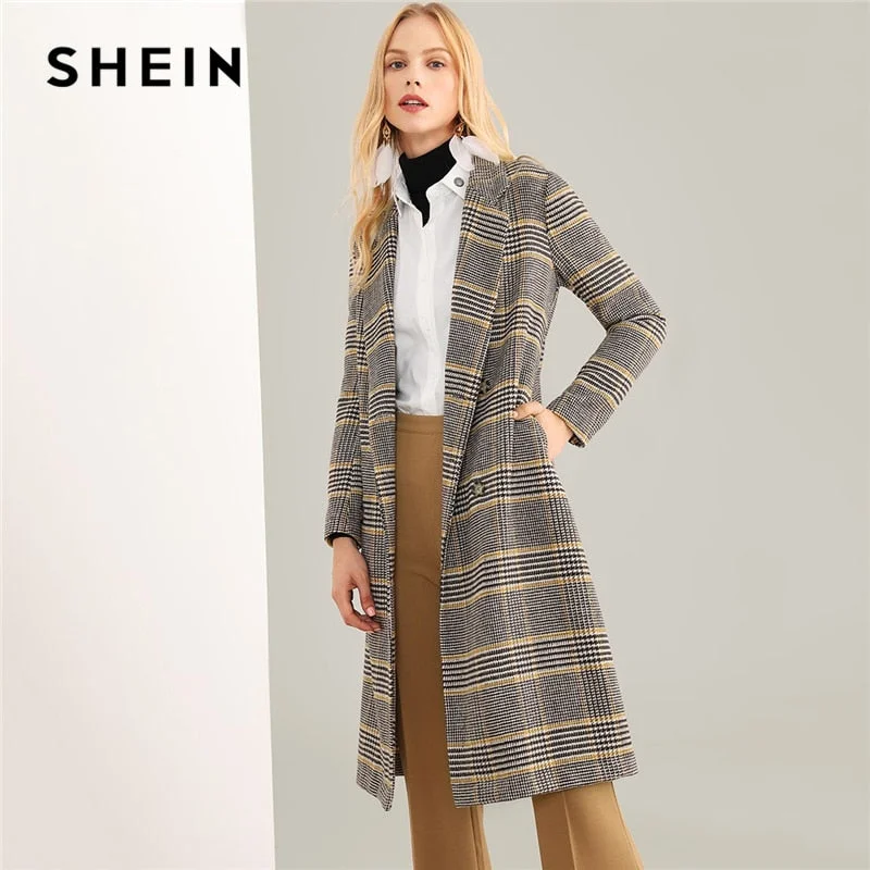 Multicolor Notched Neck Plaid Coat Highstreet Long Sleeve Outerwear