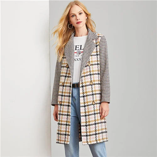 Multicolor Office Lady Elegant Double Breasted Notched Neck Plaid Coat