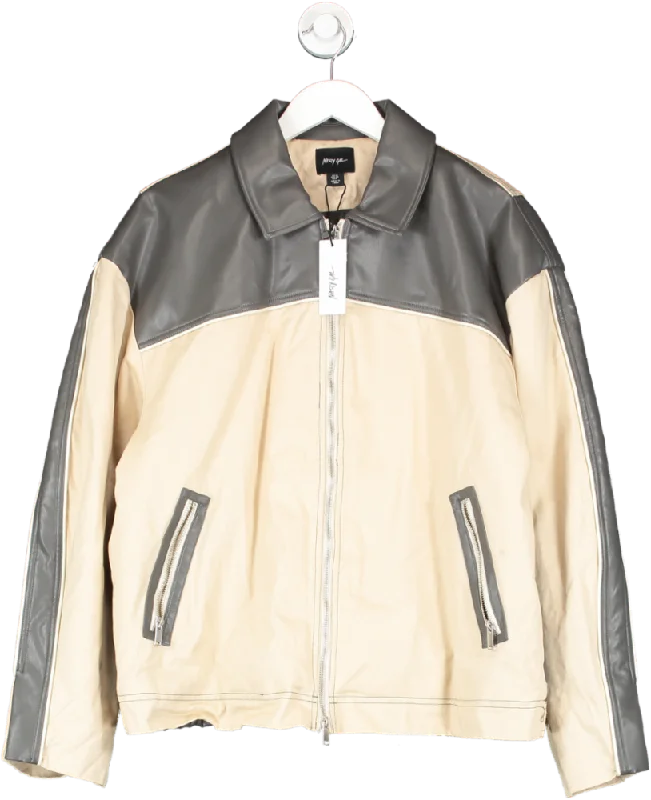 Nasty Gal Beige Twill & Faux Leather Colour Block Trucker Jacket UK 12