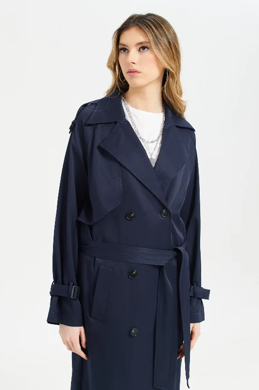 Women Navy Plain Long Casual Jacket