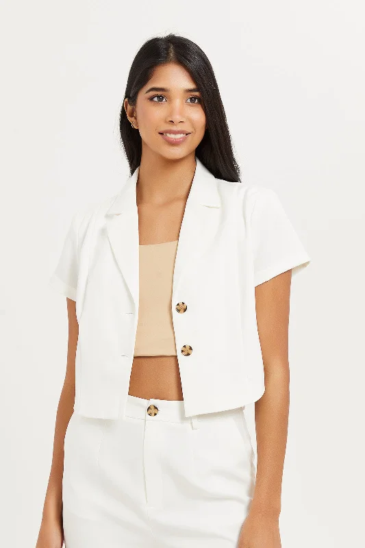 Women White Plain Cropped Blazer