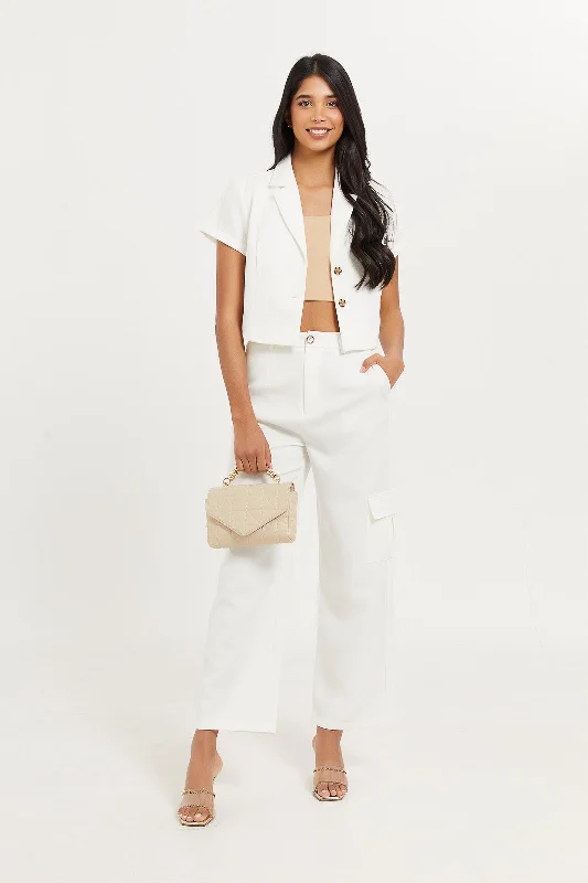 Women White Plain Cropped Blazer