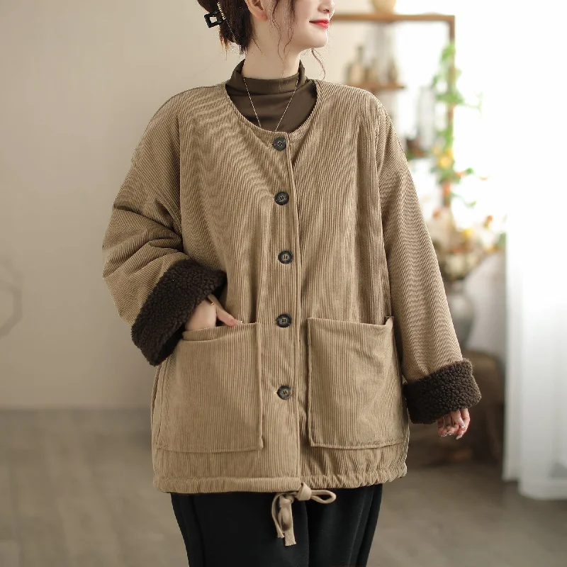 Women Winter Solid Corduroy Casual Loose Jacket