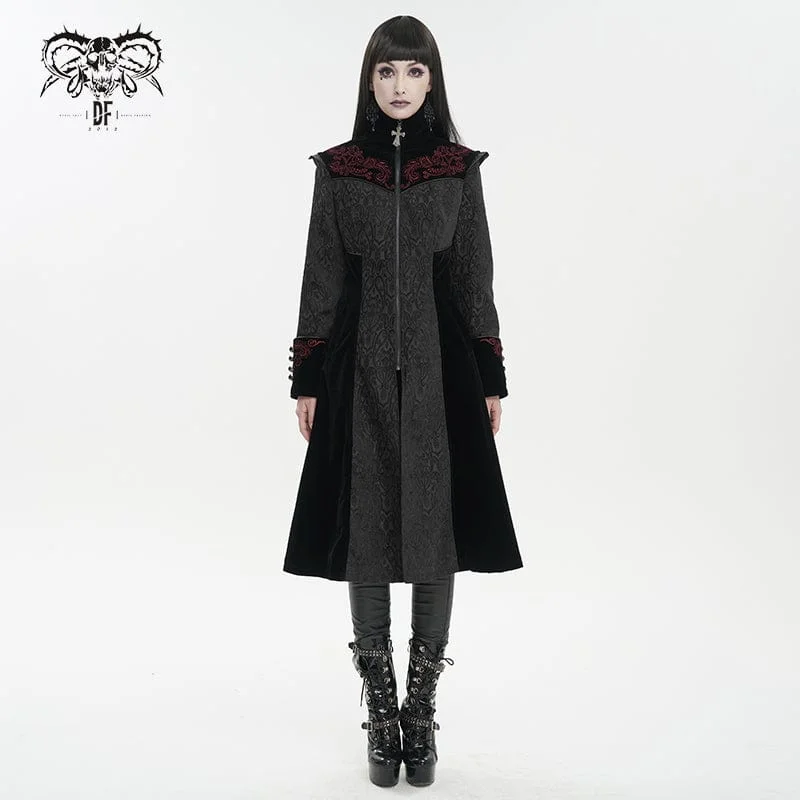 Women's Gothic Stand Collar Floral Embroidered Coat Black