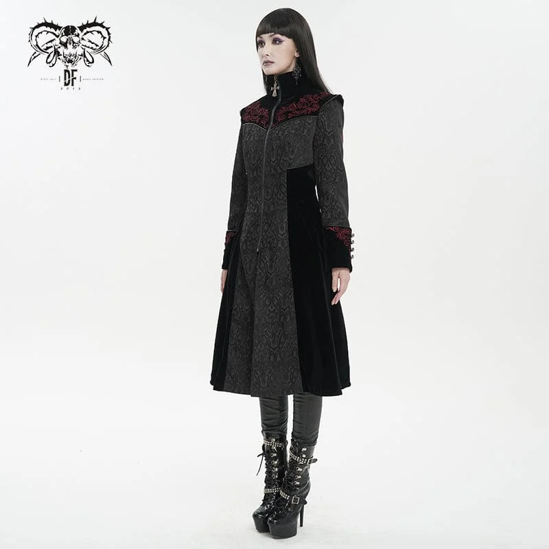 Women's Gothic Stand Collar Floral Embroidered Coat Black