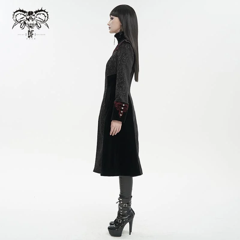 Women's Gothic Stand Collar Floral Embroidered Coat Black