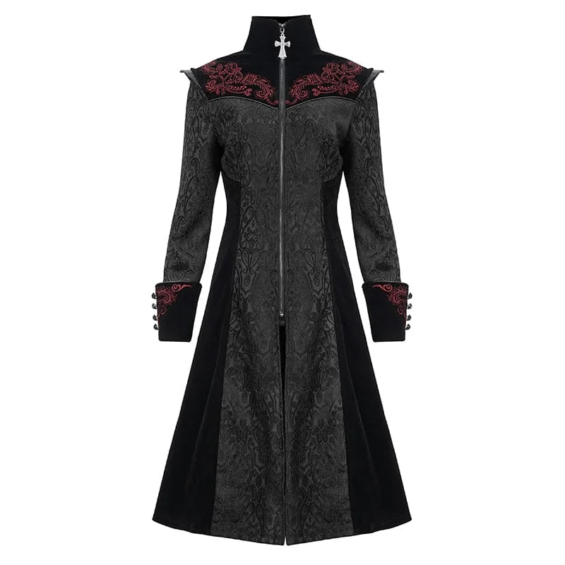 Women's Gothic Stand Collar Floral Embroidered Coat Black