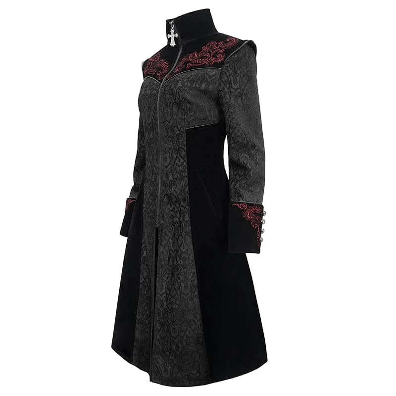 Women's Gothic Stand Collar Floral Embroidered Coat Black