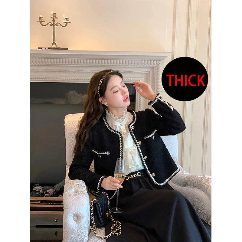 Znbbw Tweed Cropped Jackets Women Elegant Black Coat Korean Thicken Warm Single Breasted Blazer Casual Short Outerwear Tops