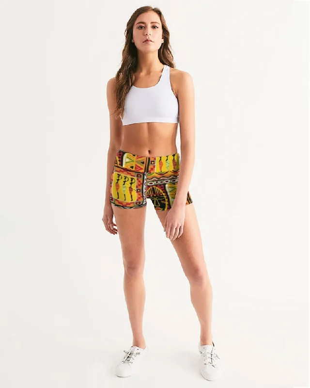 AKH African Mural Art Women's Mid-Rise Yoga Shorts