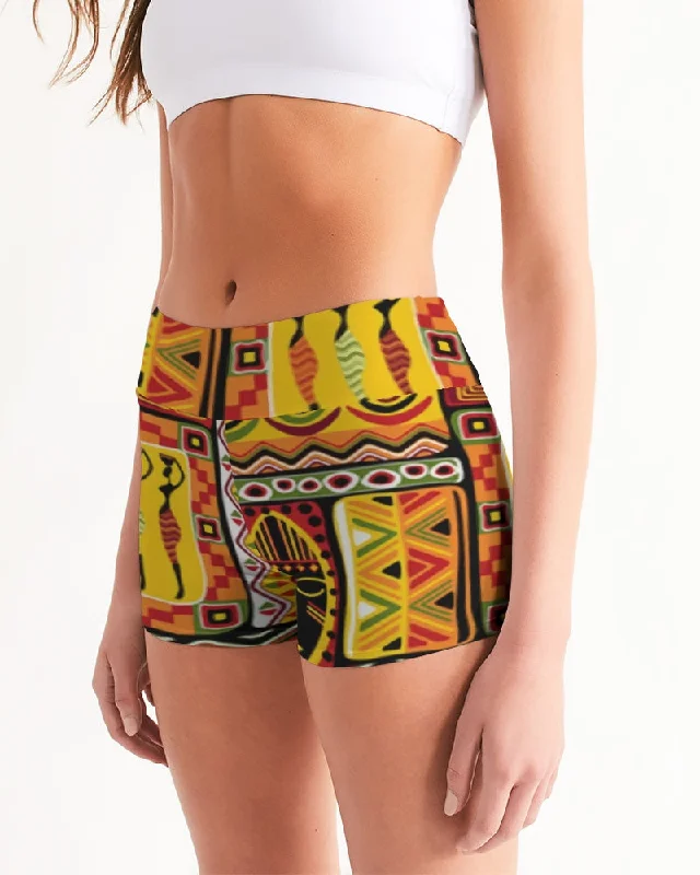 AKH African Mural Art Women's Mid-Rise Yoga Shorts