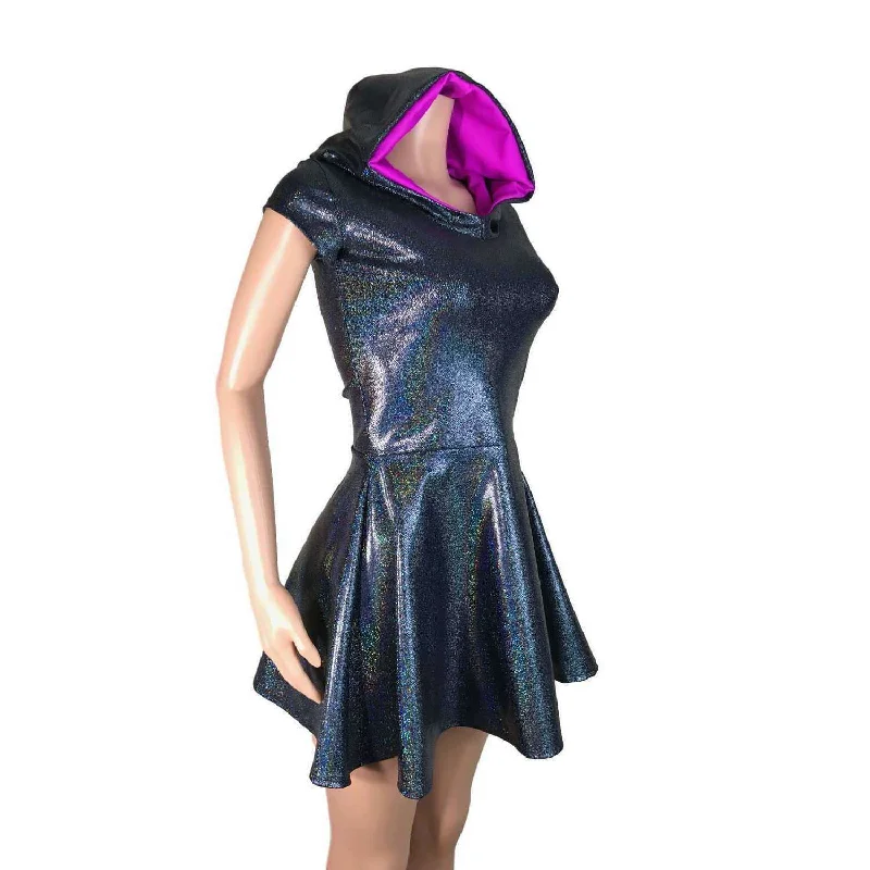 Black Hologram Cap Sleeve Hoodie Skater Dress