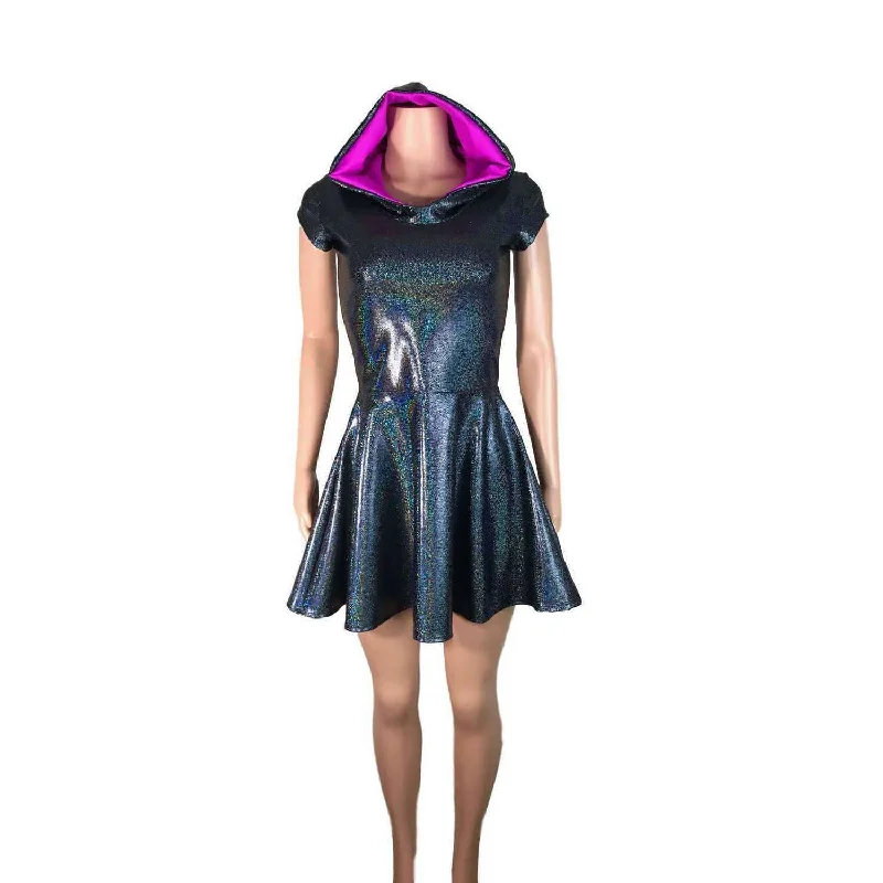 Black Hologram Cap Sleeve Hoodie Skater Dress