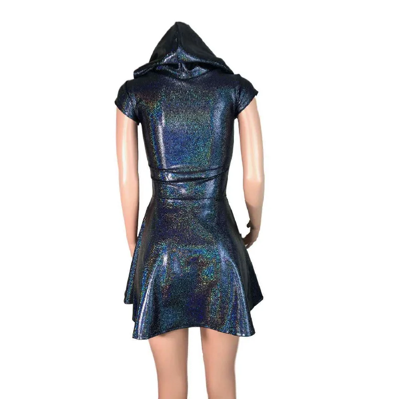 Black Hologram Cap Sleeve Hoodie Skater Dress