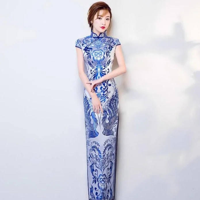 Blue & White Porcelain Pattern Brocade Cheongsam Qipao Chinese Dress