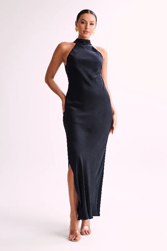 Claire Satin Drape Back Maxi Dress with Split - Black