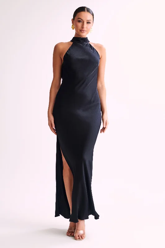 Claire Satin Drape Back Maxi Dress with Split - Black