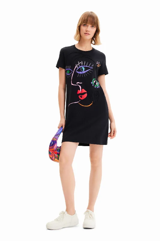 Desigual arty face T-shirt dress in black