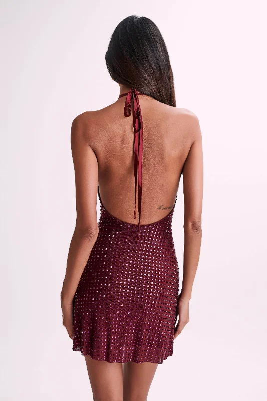 Dorothy Square Diamante Halter Mini Dress - Burgundy