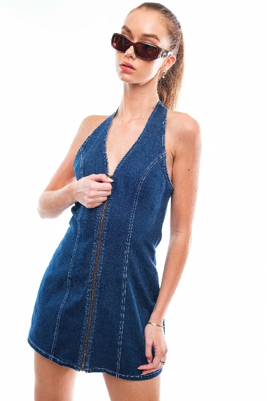 Easy Street Halter Neck Denim Dress