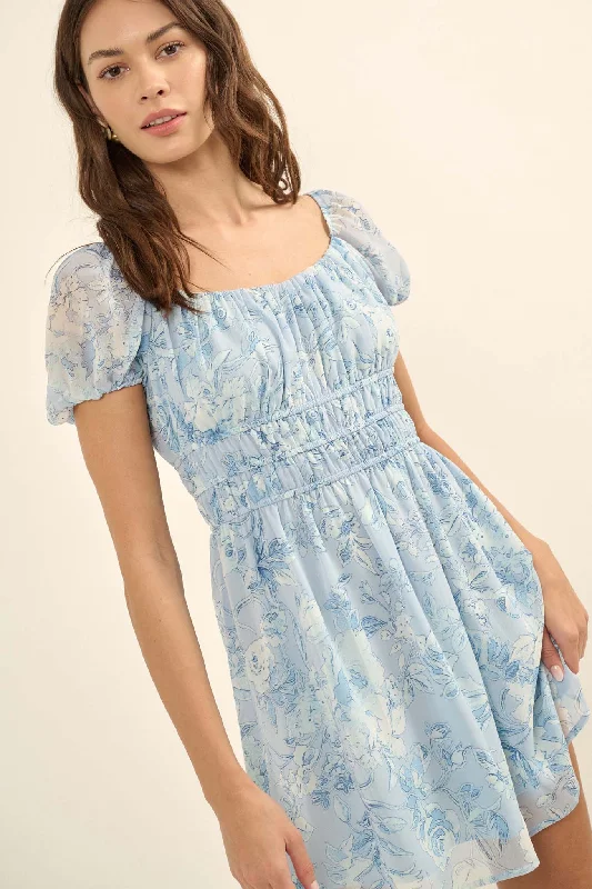 Fantasy Garden Floral Chiffon Peasant Mini Dress