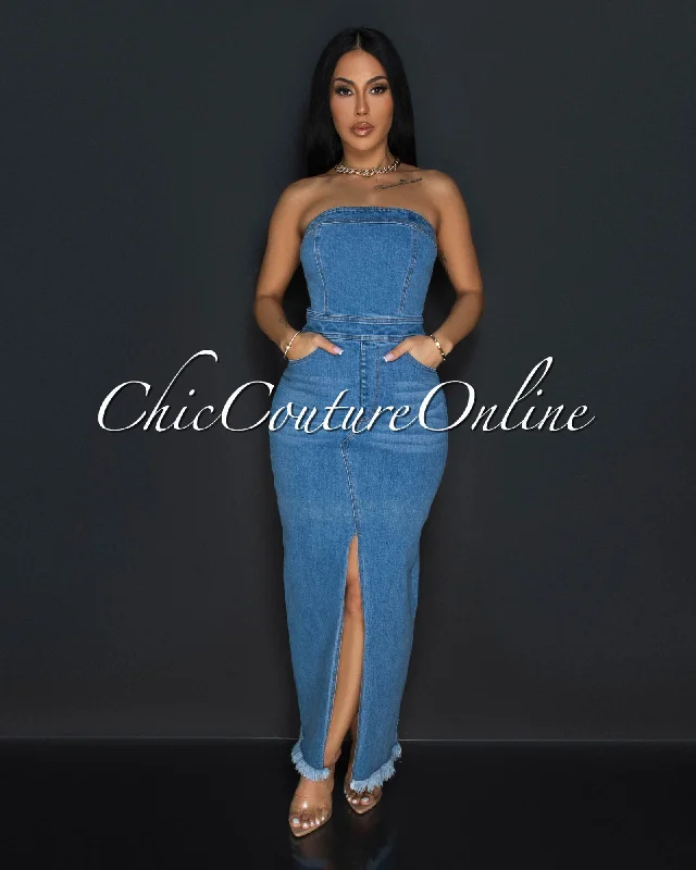 Jina Denim Strapless Front Slit Maxi Dress