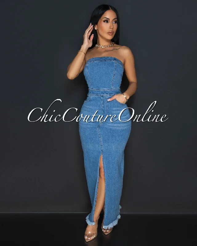 Jina Denim Strapless Front Slit Maxi Dress