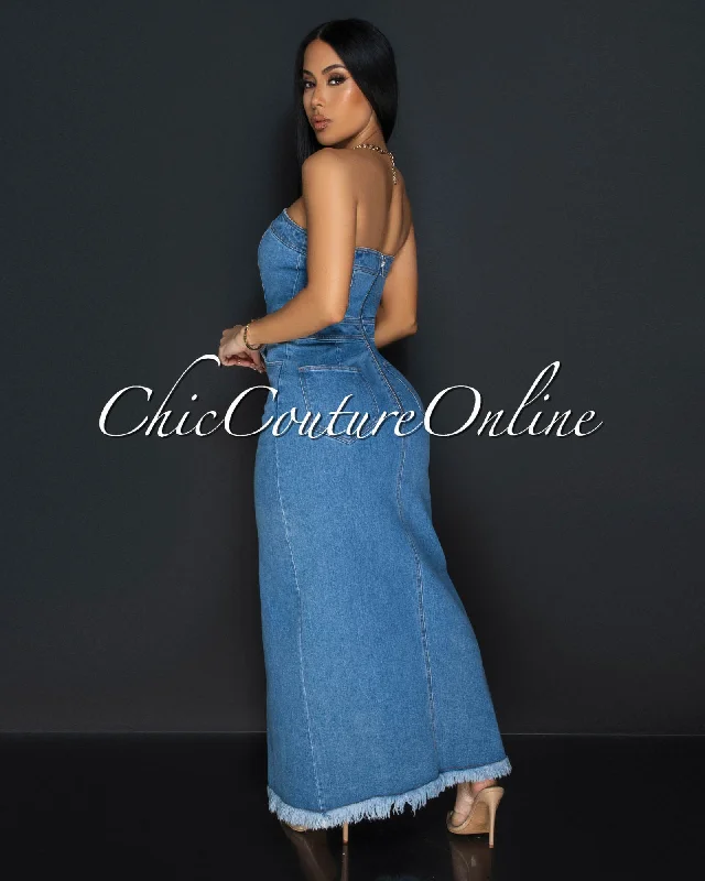 Jina Denim Strapless Front Slit Maxi Dress