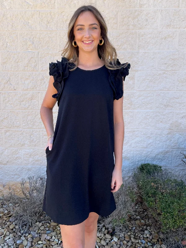 Little Black Ruffle Shoulder Dress