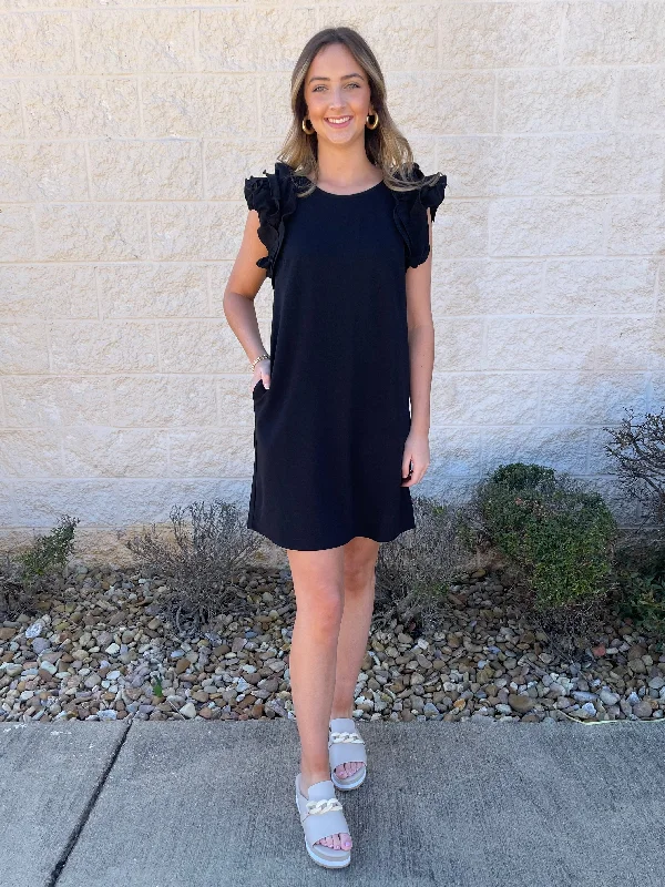 Little Black Ruffle Shoulder Dress