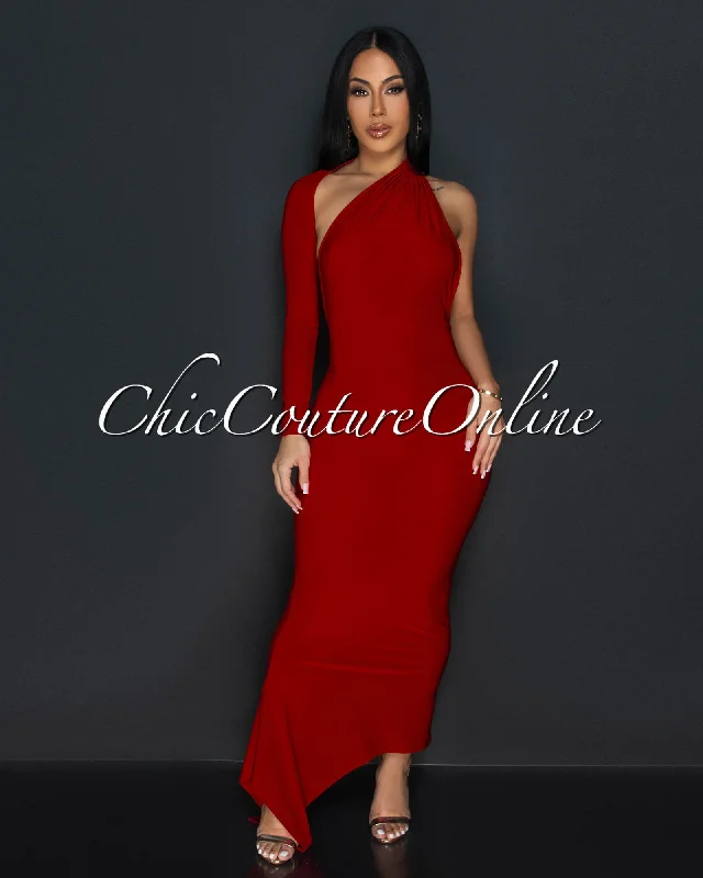 Luna Red One Shoulder Sleeve Open Back Dress