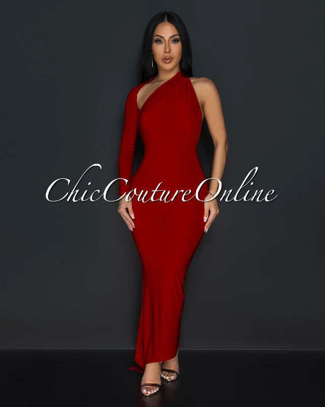 Luna Red One Shoulder Sleeve Open Back Dress